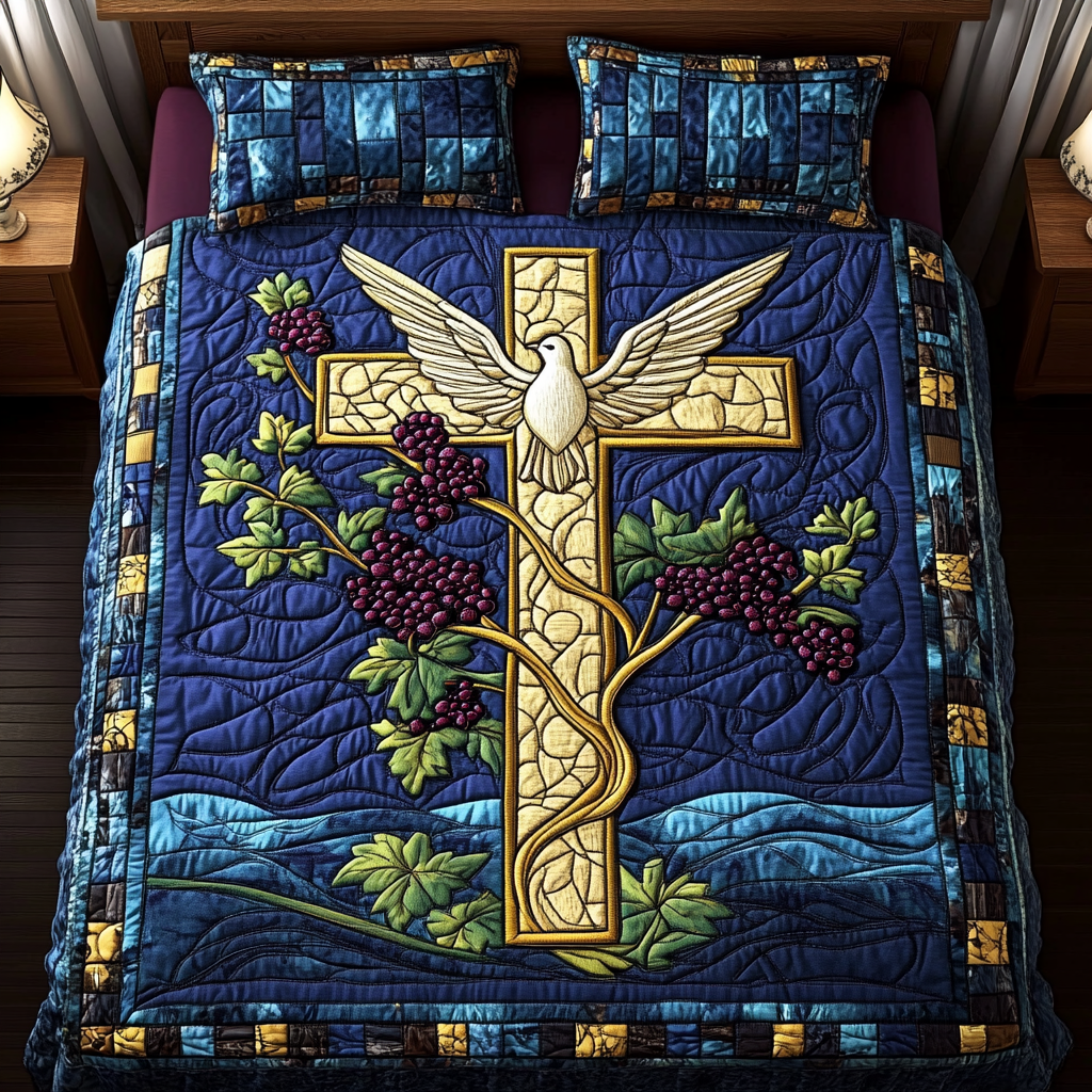 Blue Vine Cross 3-Piece Quilted Bedding Set NCU0NT3292
