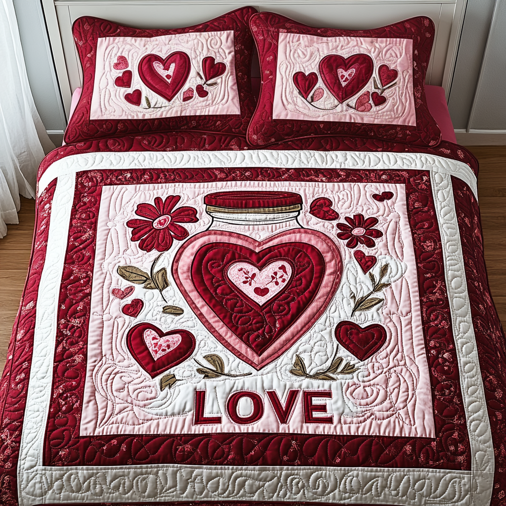 Blushing Hearts 3-Piece Quilted Bedding Set NCU0TL2349