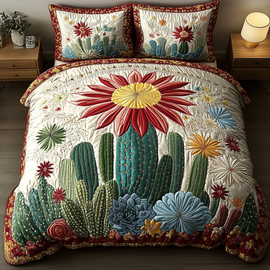 Boho Cactus Glow 3-Piece Quilted Bedding Set NCU0VL1251