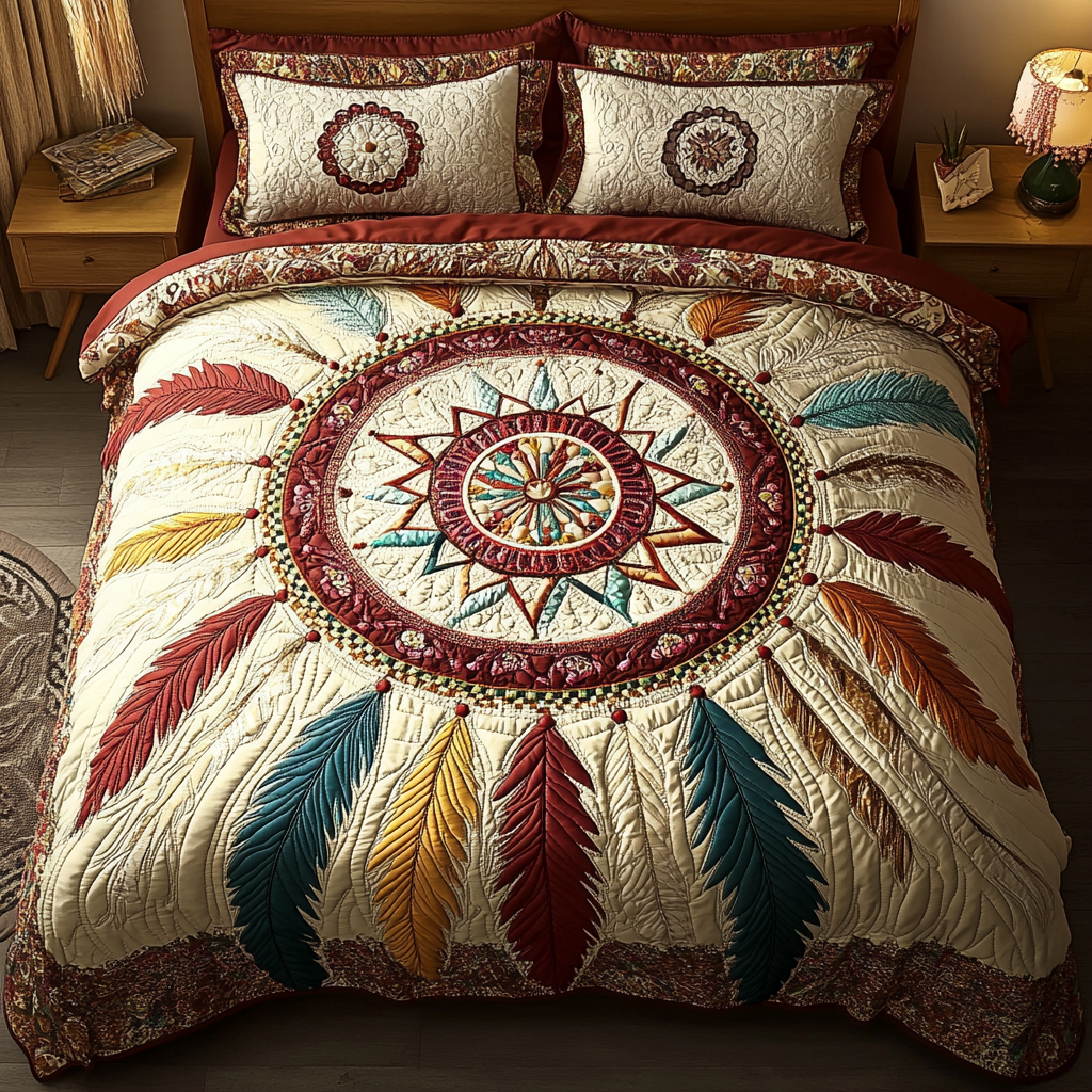 Boho Feather Harmony 3-Piece Quilted Bedding Set NCU0VL1222