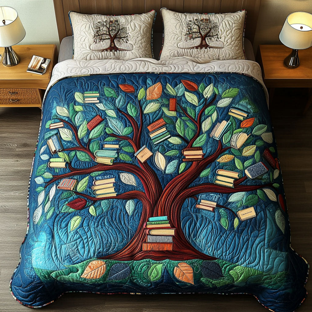 Book Leaves Bliss 3-Piece Quilted Bedding Set NCU0NT2922