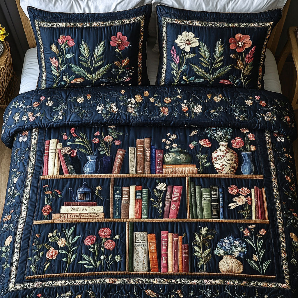 Botanical Books 3-Piece Quilted Bedding Set NCU0NT4071