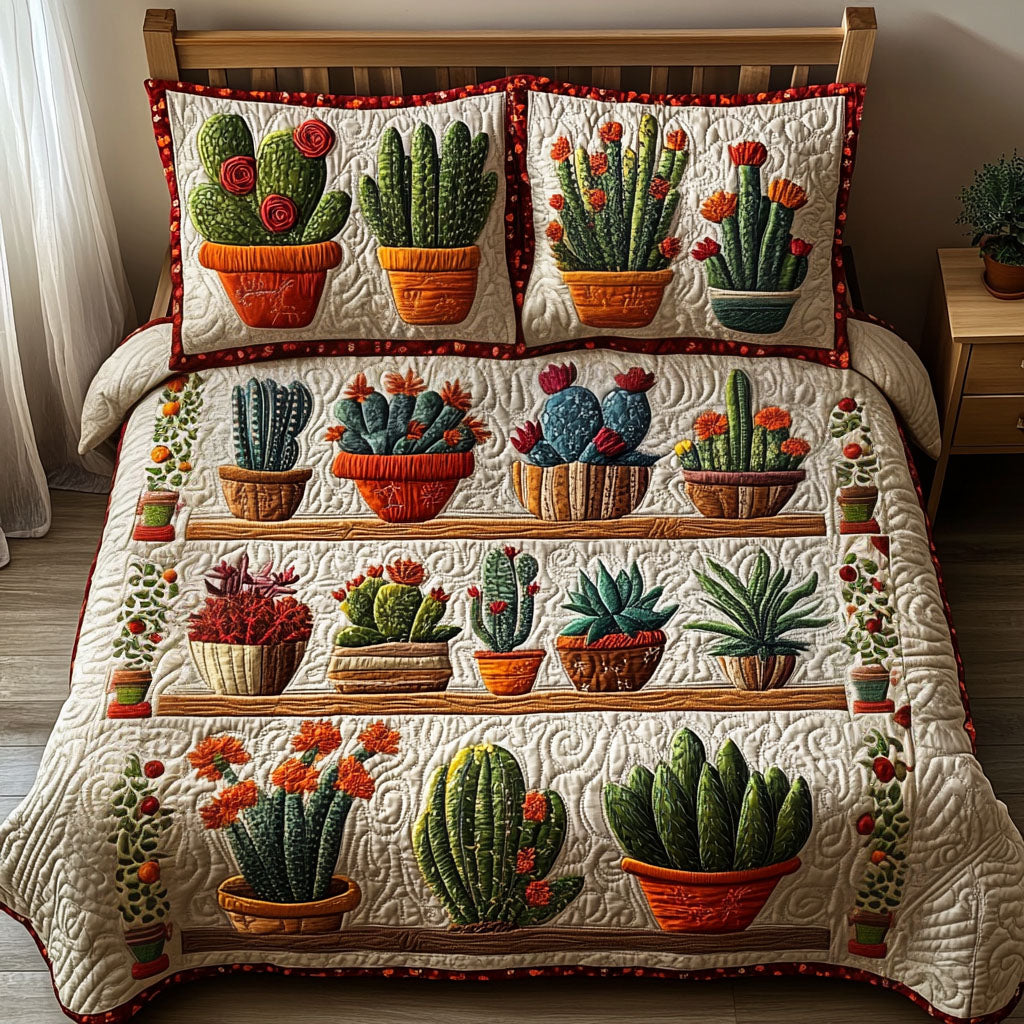 Cactus Garden Rows 3-Piece Quilted Bedding Set NCU0NT2996