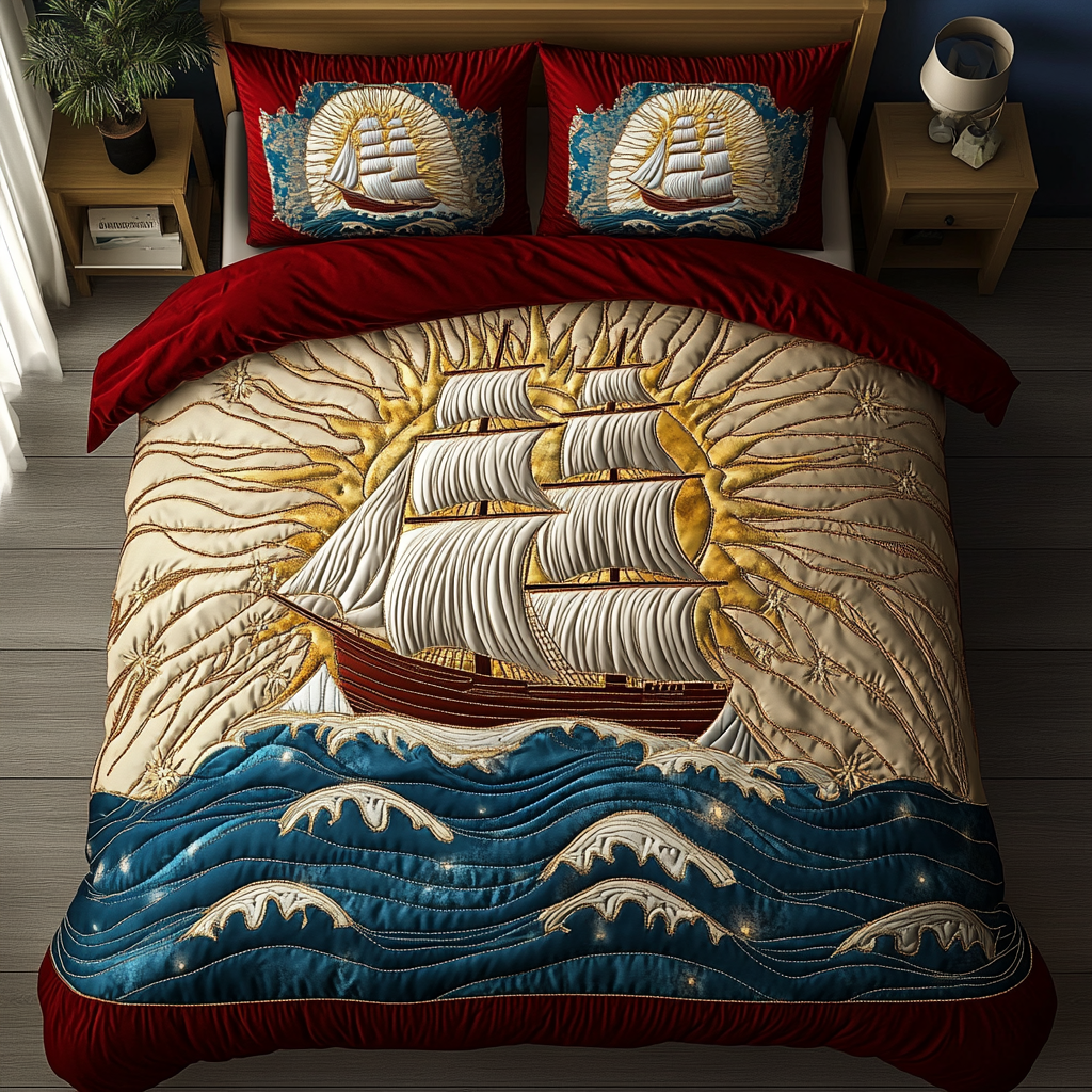 Calm Waters Sailboat 3-Piece Quilted Bedding Set NCU0DK3999