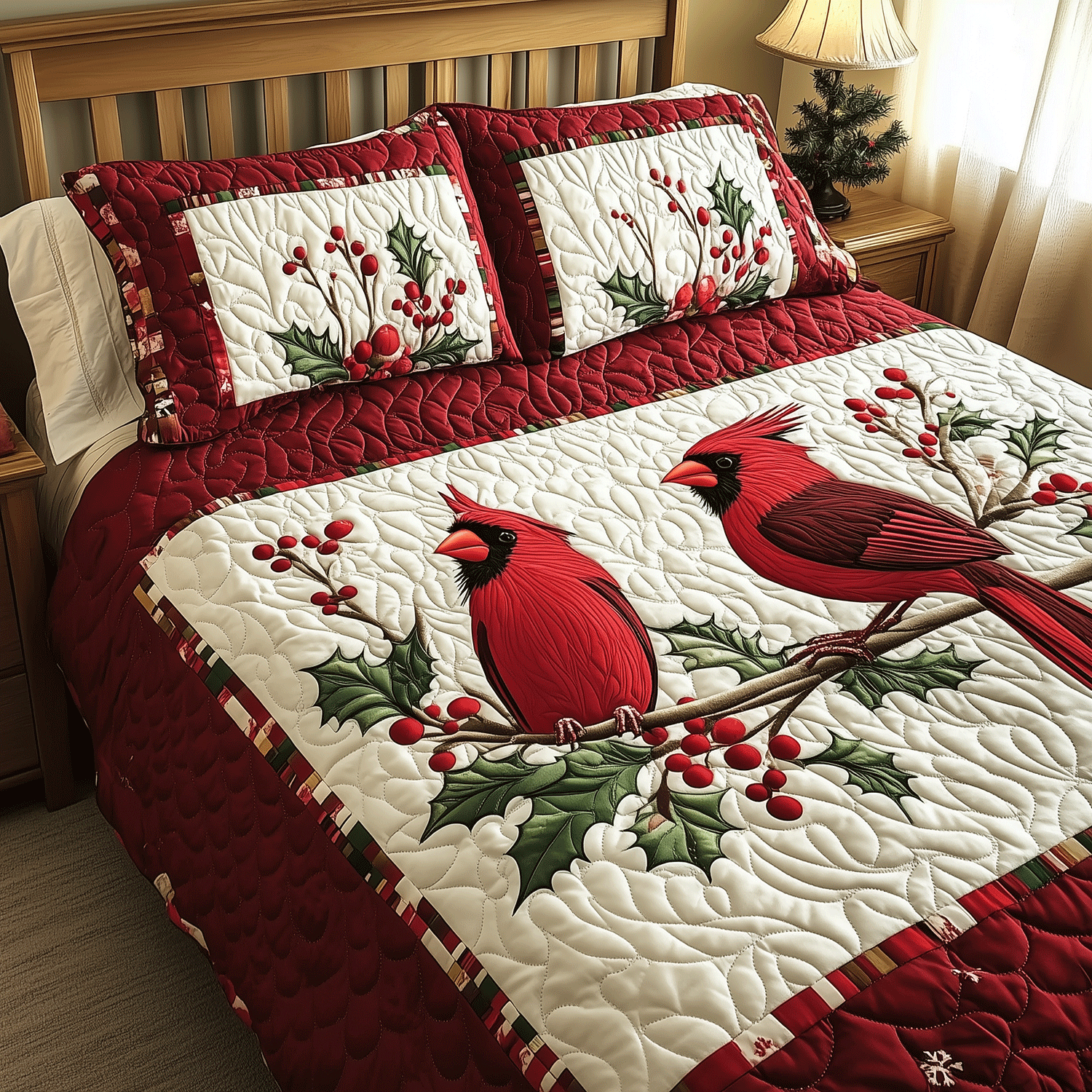 Cardinal Couple Delight 3-Piece Quilted Bedding Set NCU0TH2084