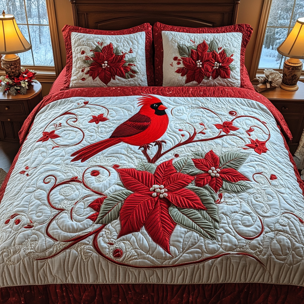 Cardinal Poinsettia Delight Quilted Bedding Set NCU0DV1806