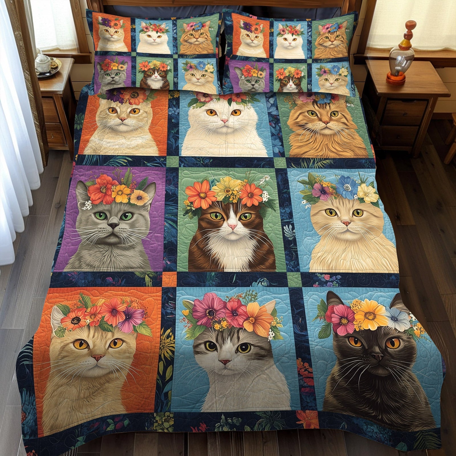 Cats in Bloom 3-Piece Quilted Bedding Set NCU0TL1194