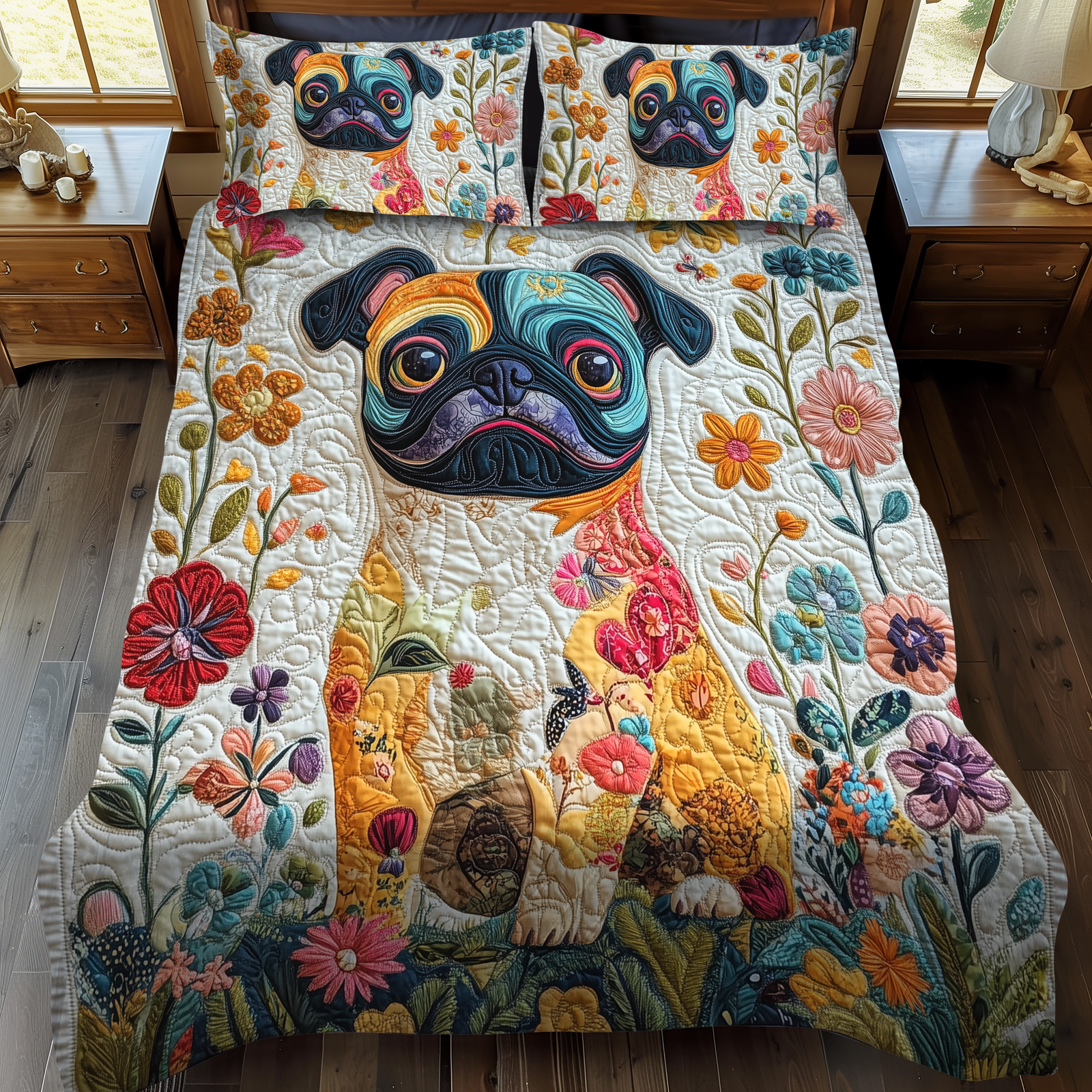 Charming Pug 3-Piece Quilted Bedding Set NCU0VL361
