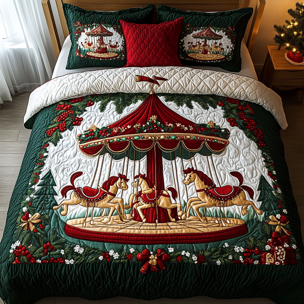 Christmas Carousel Charm 3-Piece Quilted Bedding Set NCU0DK2473