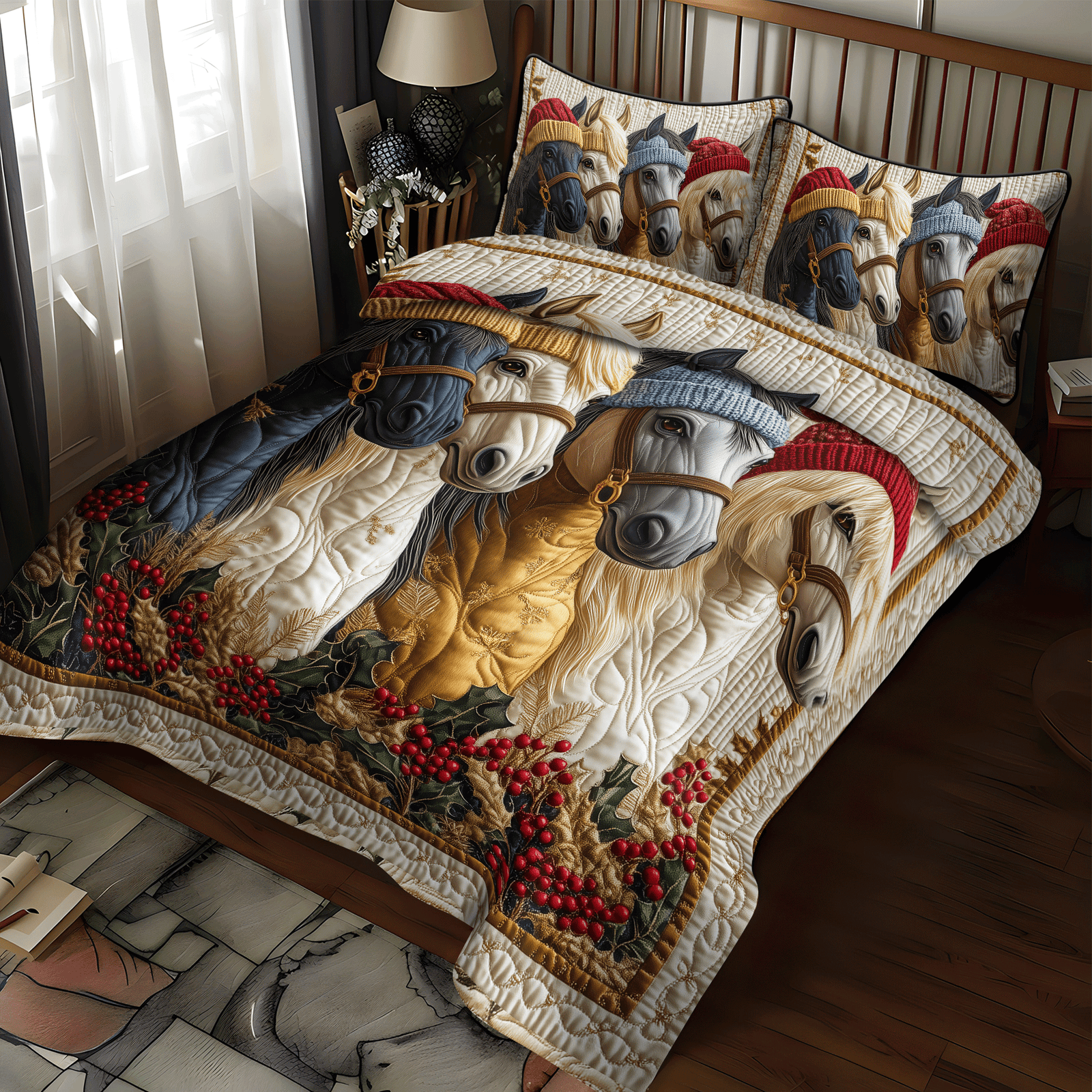 Christmas Horse Friends Quilted Bedding Set NCU0DV1137