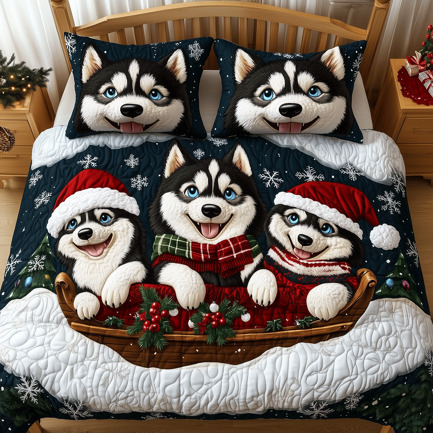 Christmas Husky Delight 3-Piece Quilted Bedding Set NCU0TH2332