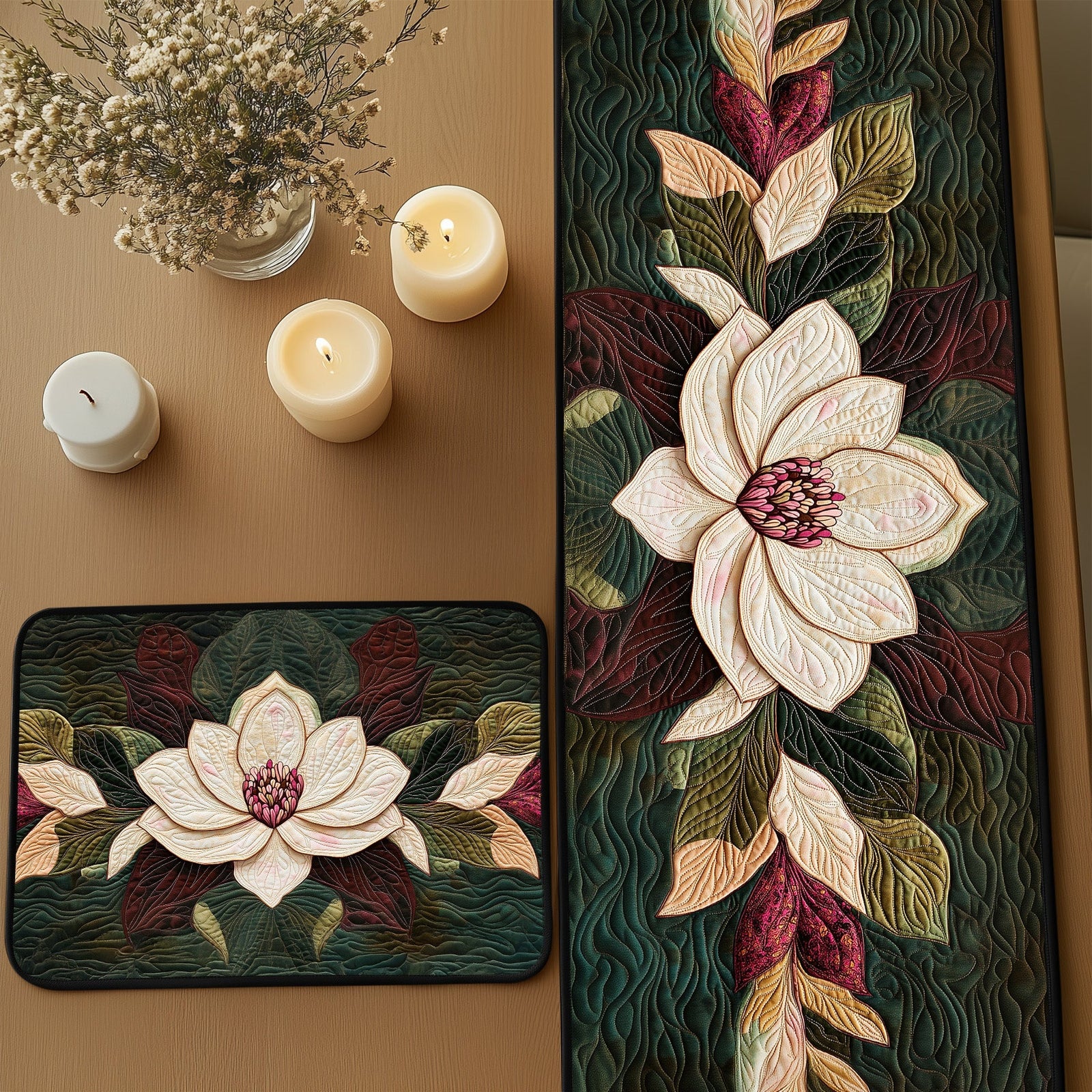 Classic Magnolia Charm Quilted Table Runner and Quilted Place Mat Set NCU0PT4617