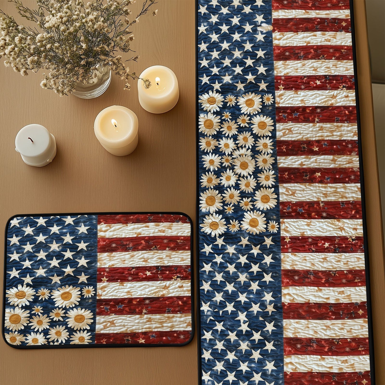 Daisy Stars and Stripes Quilted Table Runner and Quilted Place Mat Set NCU0PT4508