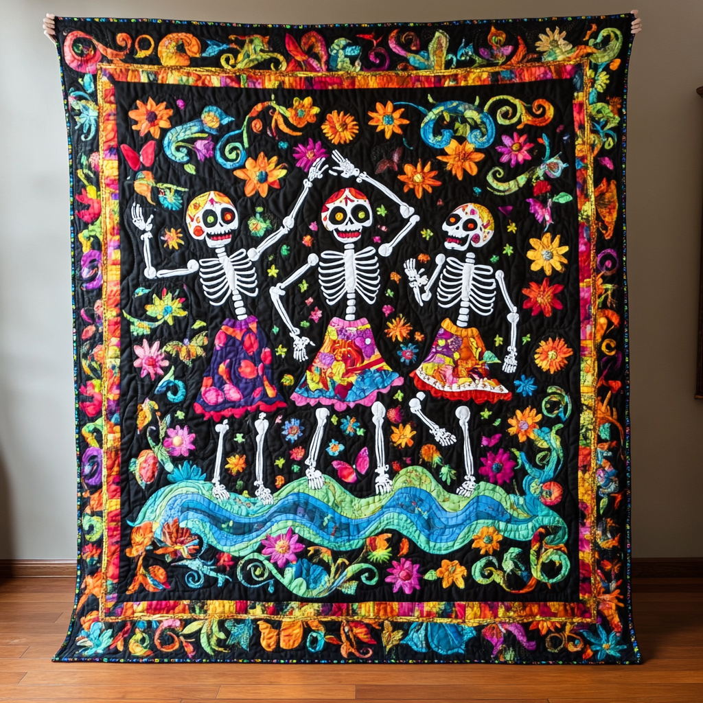 Dancing Skeleton Floral Quilted Blanket NCU0PD566