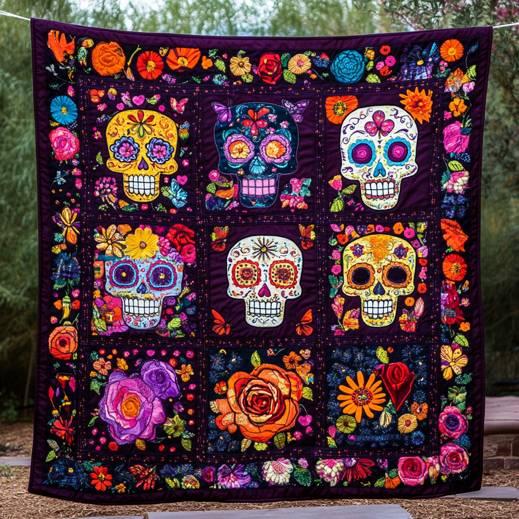 Day of the Dead Sugar Skull Quilted Blanket NCU0PD554