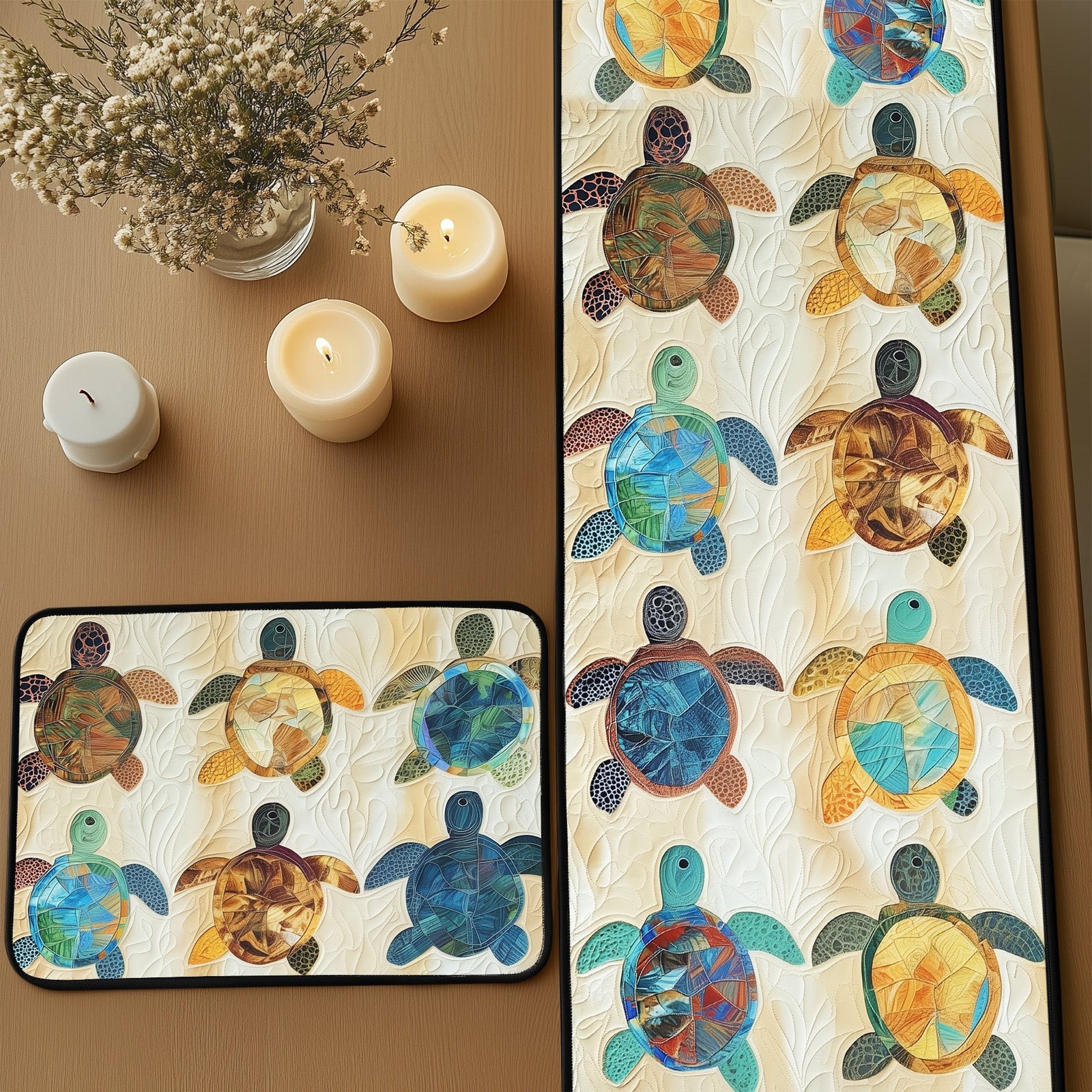Drifting Turtles Quilted Table Runner and Quilted Place Mat Set NCU0PT4560