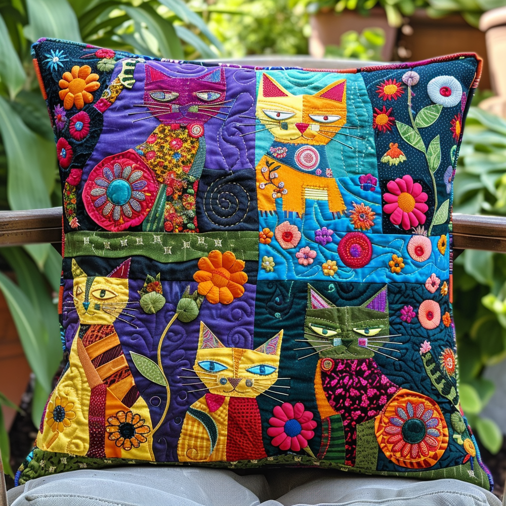 Floral Colorful Cats Quilted Pillow Case NCU0PD354