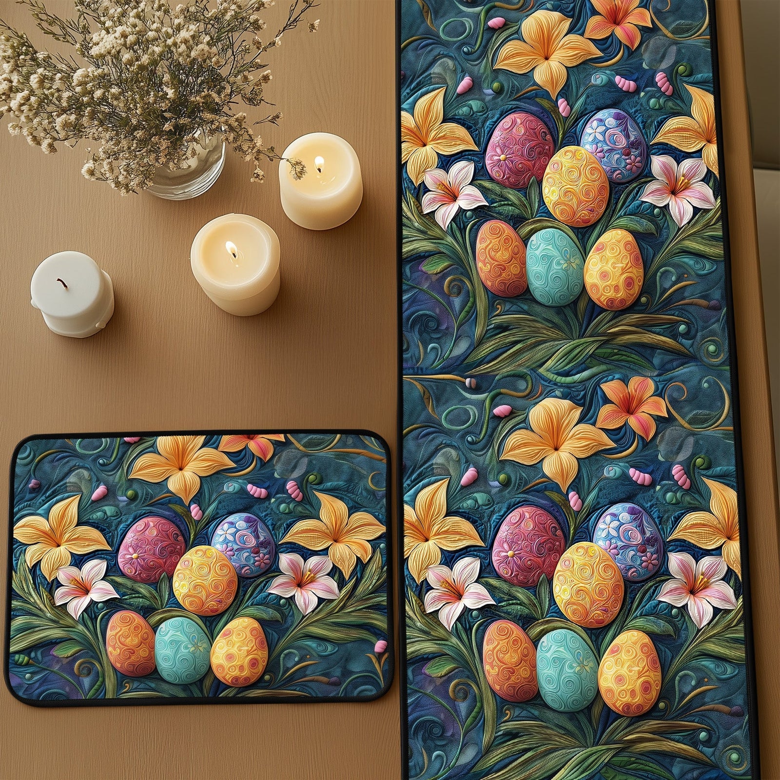 Floral Easter Wonderland Quilted Table Runner and Quilted Place Mat Set NCU0PT4694