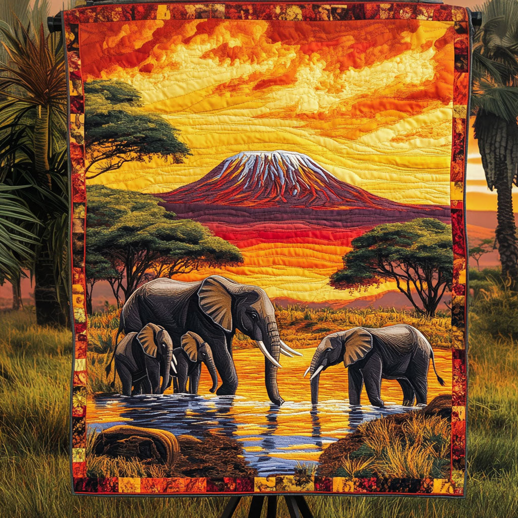 Golden Sunset Elephants Quilted Blanket NCU0NT3595
