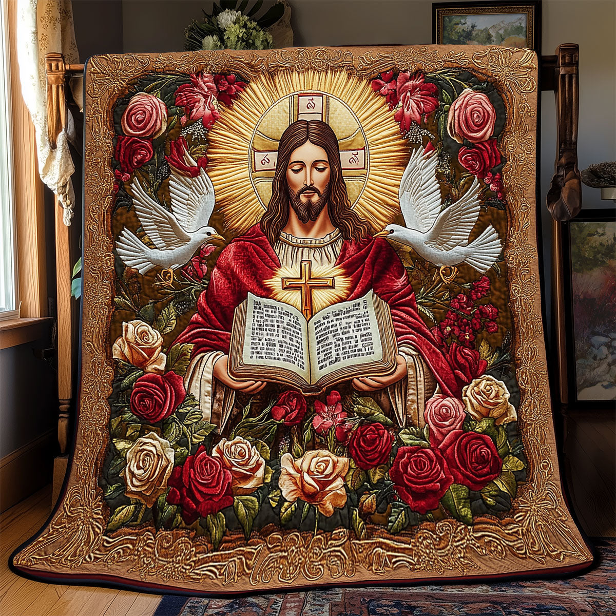 Jesus Embraced by Roses and White Doves - Quilted Blanket 07acxa140425