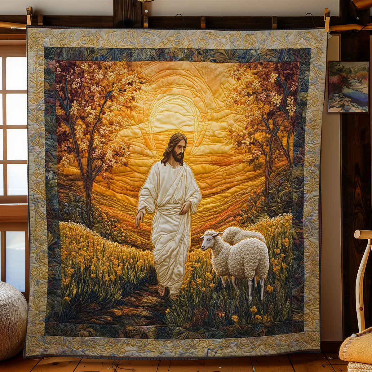 Jesus & Cute Lambs At Sunset - Quilted Blanket 04acxa150425