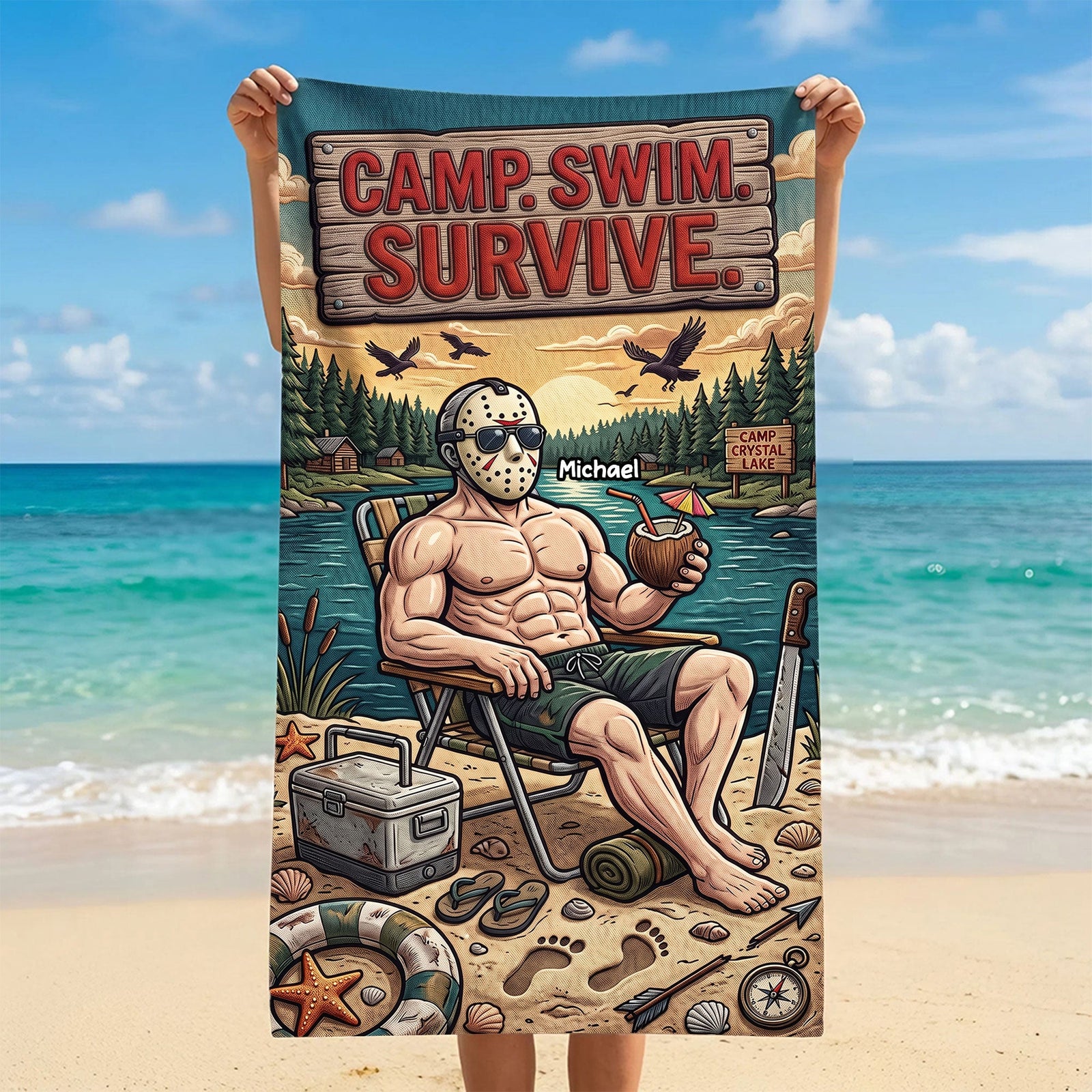 Camp Swim Survive Beach Towel - Personalized Gifts For Horror Lovers 03tyti160726