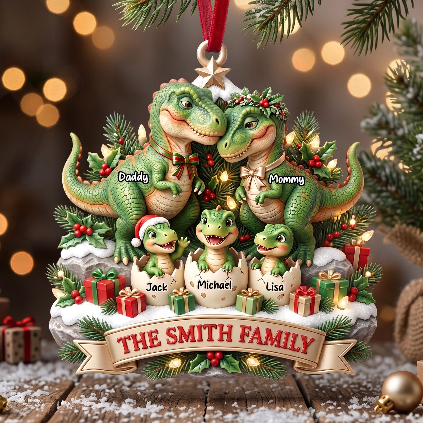Dinosaur Family Ornament - Personalized Christmas Gifts For Family 04TYTI180826