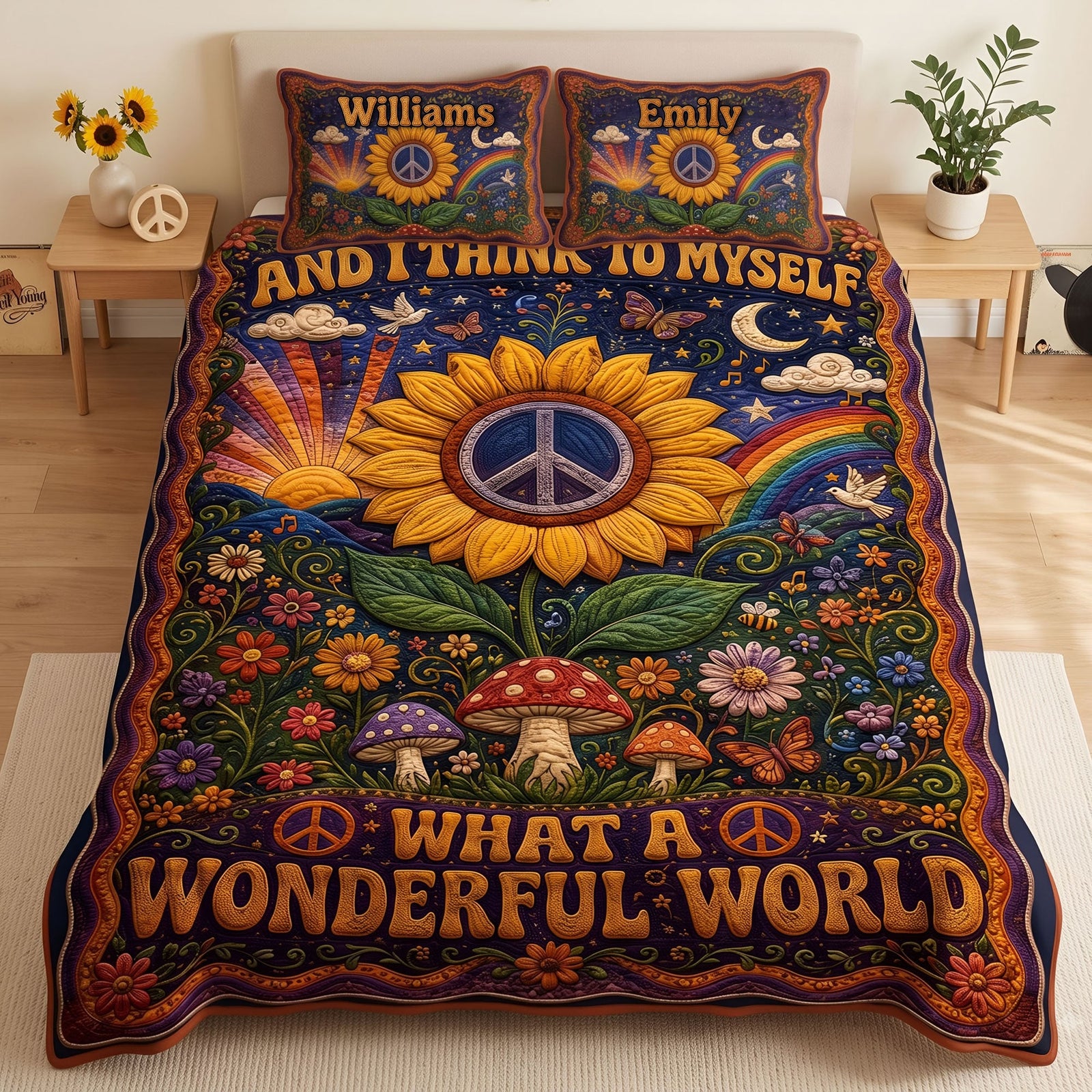 What A Wonderful World Bohemian Quilt Bed Set - Personalized Gifts For Music Lovers 01pati070826