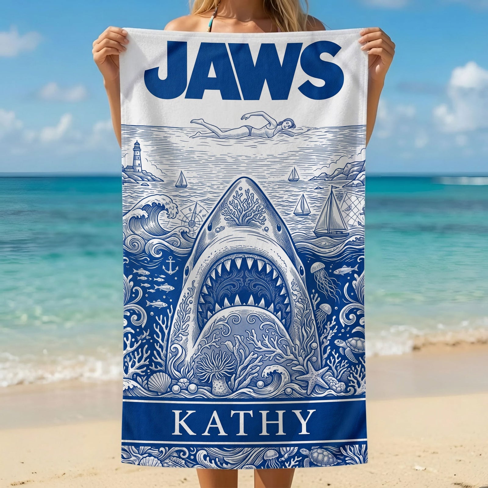 Ancient Shark Toile De Jouy Beach Towel, Personalized Gifts 03qhti180726
