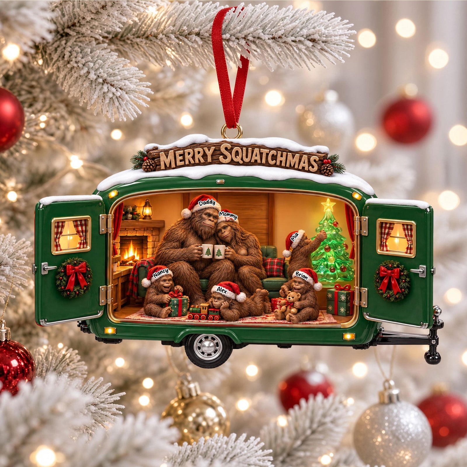 Cozy Camping Bigfoot Family Ornament - Personalized Christmas Gifts For Camping & Bigfoot Lovers 02qhti131026