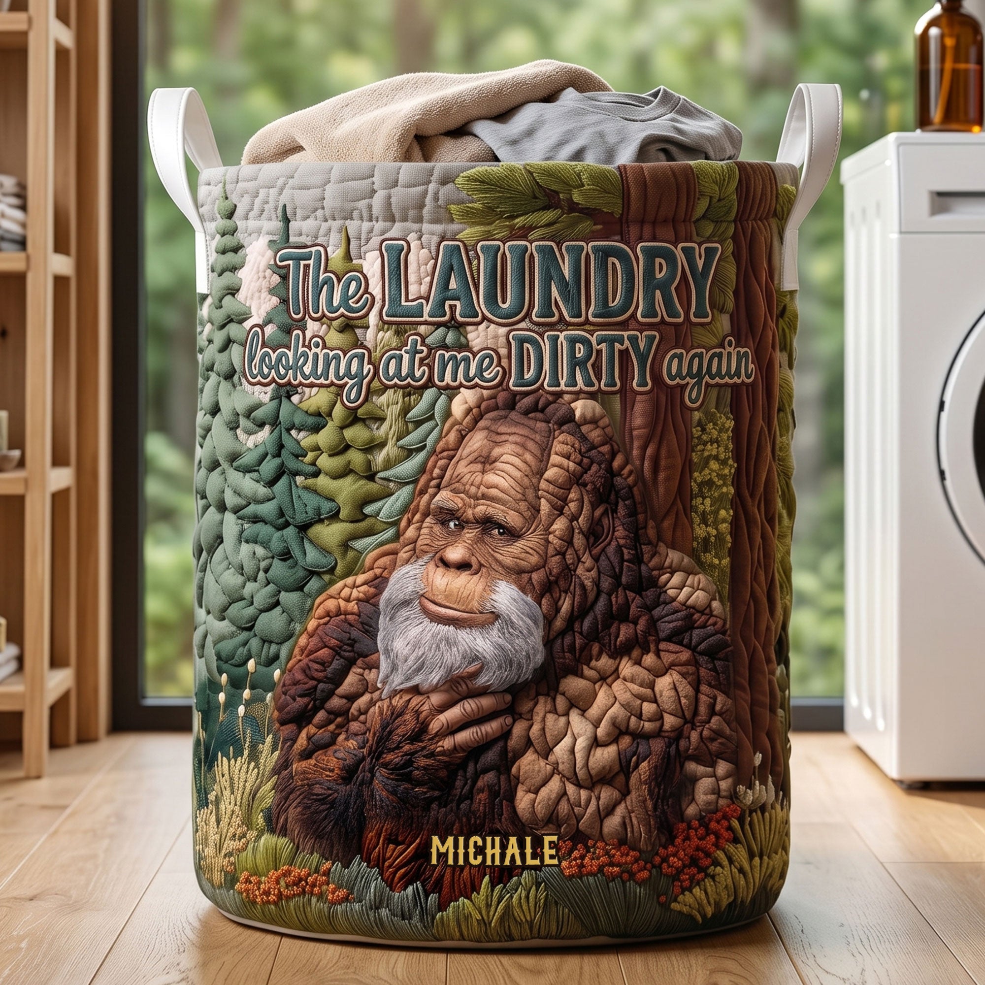 Fun Sasquatch Glance Quilted Laundry Basket, Personalized Gifts