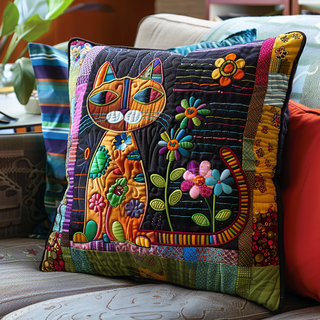 Multicolored Cats Quilted Pillow Case NCU0PD350