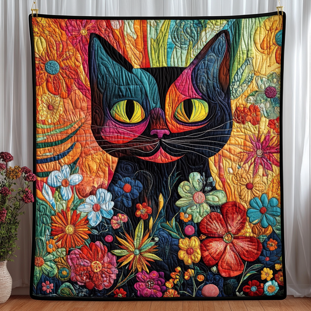 Playful Floral Cats Quilted Blanket NCU0PD487