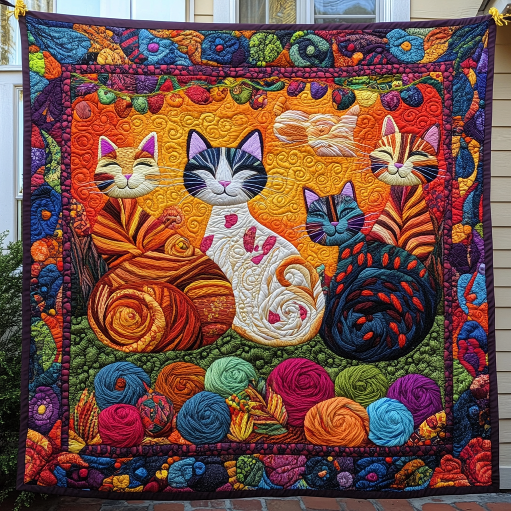 Playful Floral Cats Quilted Blanket NCU0PD593