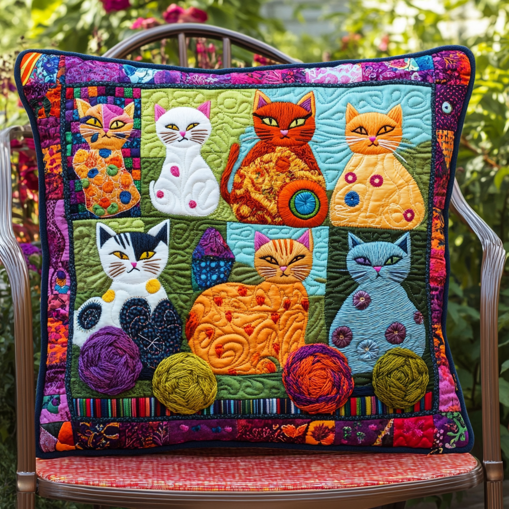 Playful Floral Cats Quilted Pillow Case NCU0PD606