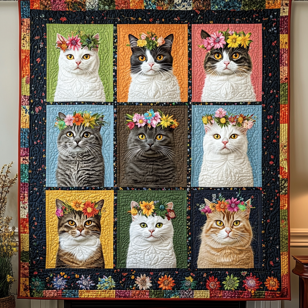 Purrfectly Floral Cats Quilted Blanket NCU0TL1151