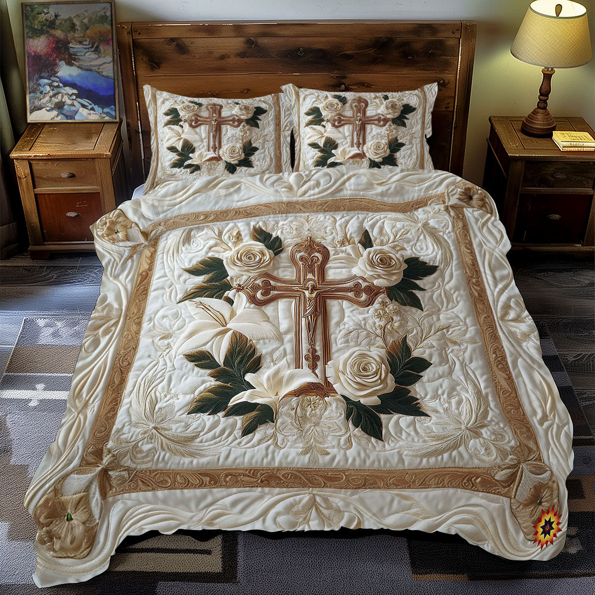 Sacred Cross With White Roses Quilted Blanket 02acxa150425