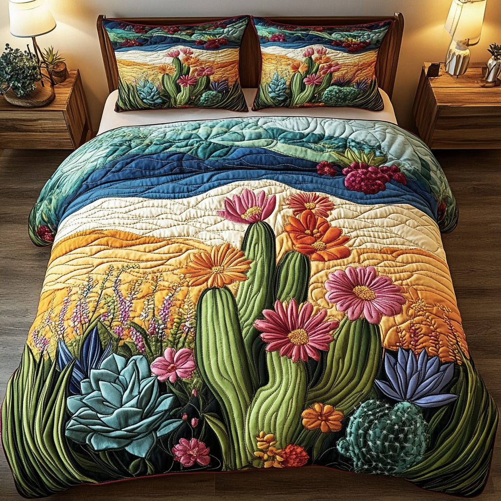 Cactus Sunset Bliss 3-Piece Quilted Bedding Set NCU0VL1249