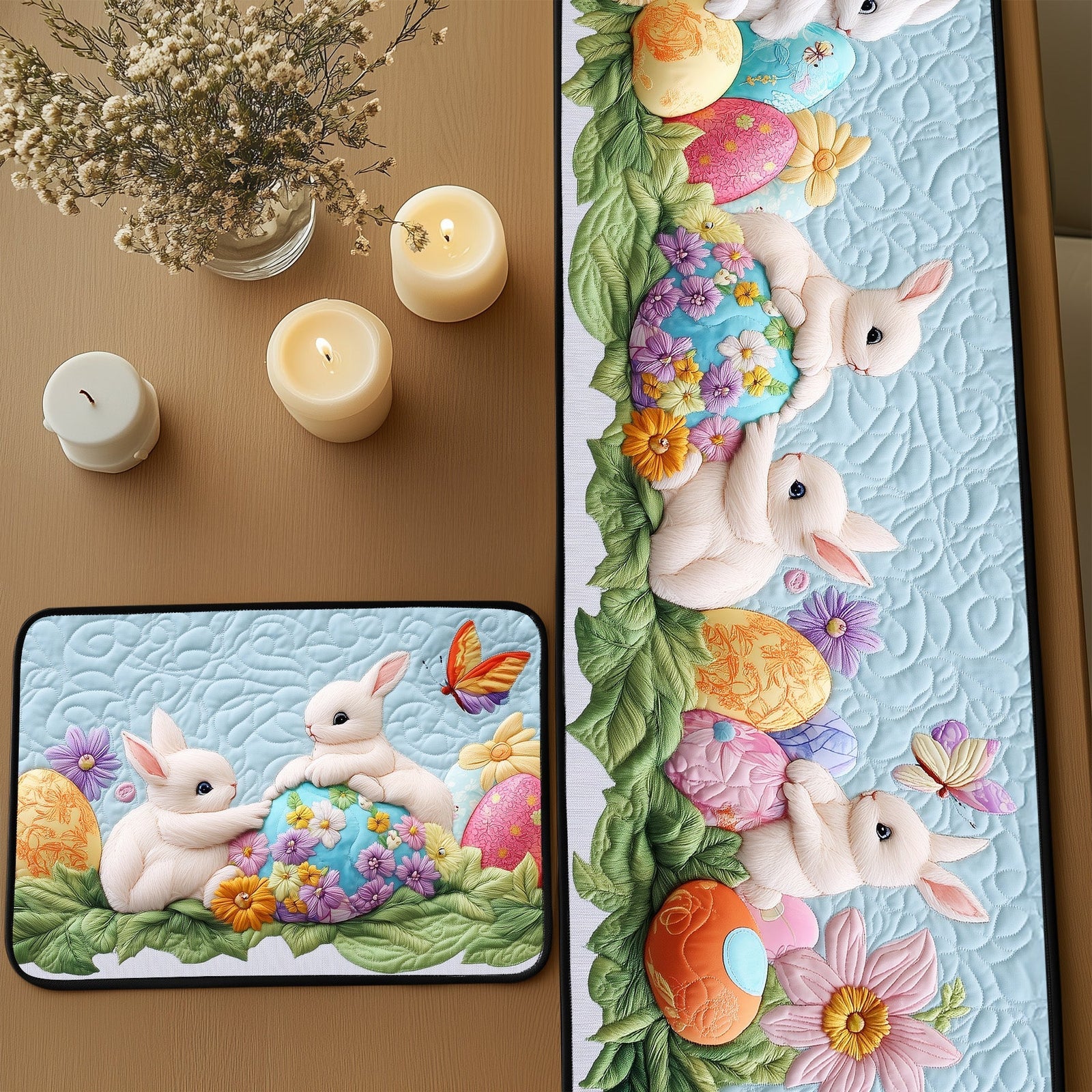 Spring Bunny Charm Quilted Table Runner and Quilted Place Mat Set NCU0PT4700