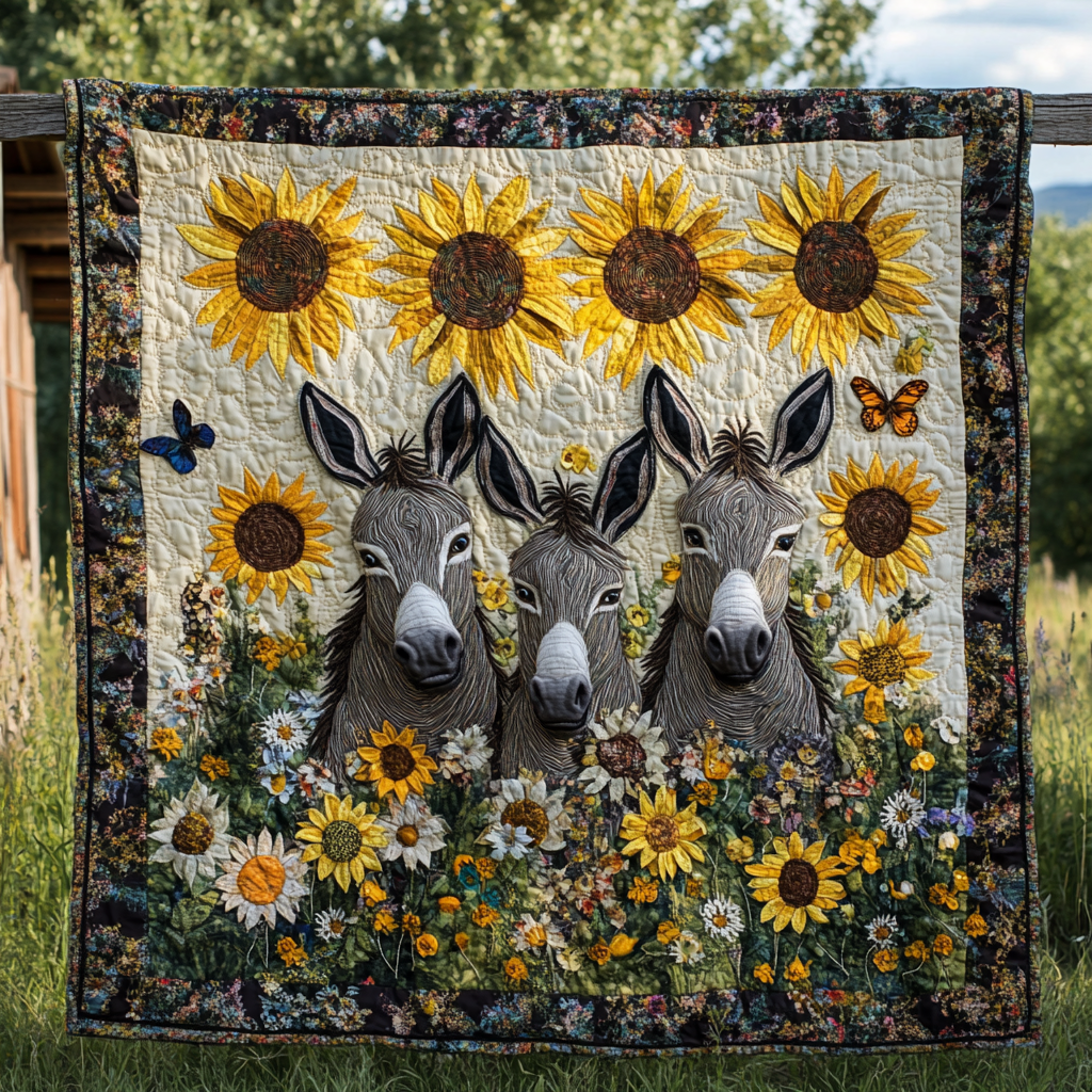 Sunflowers Charming Donkeys Quilted Blanket 02acxn310325