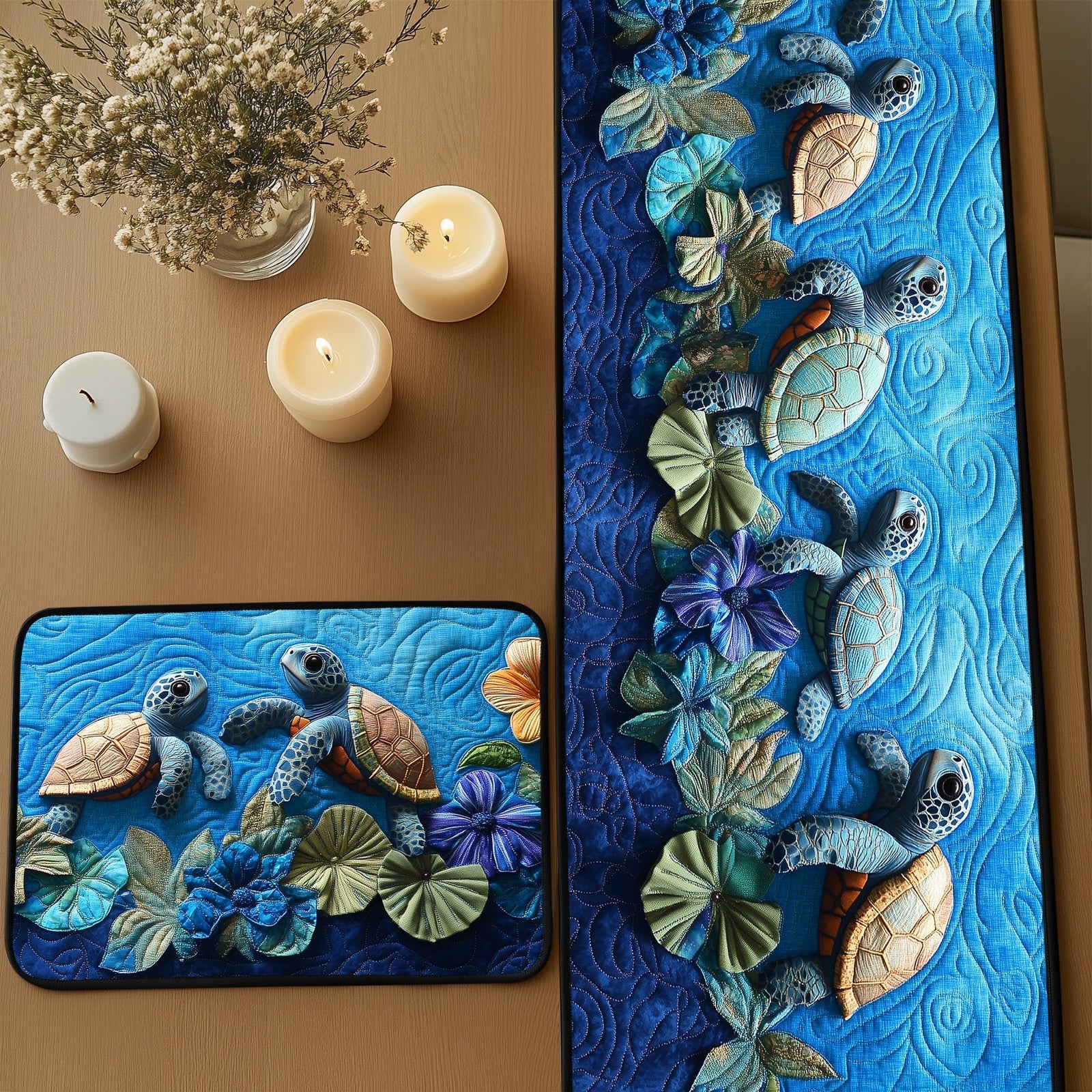 Undersea Mosaic Quilted Table Runner and Quilted Place Mat Set NCU0PT4615