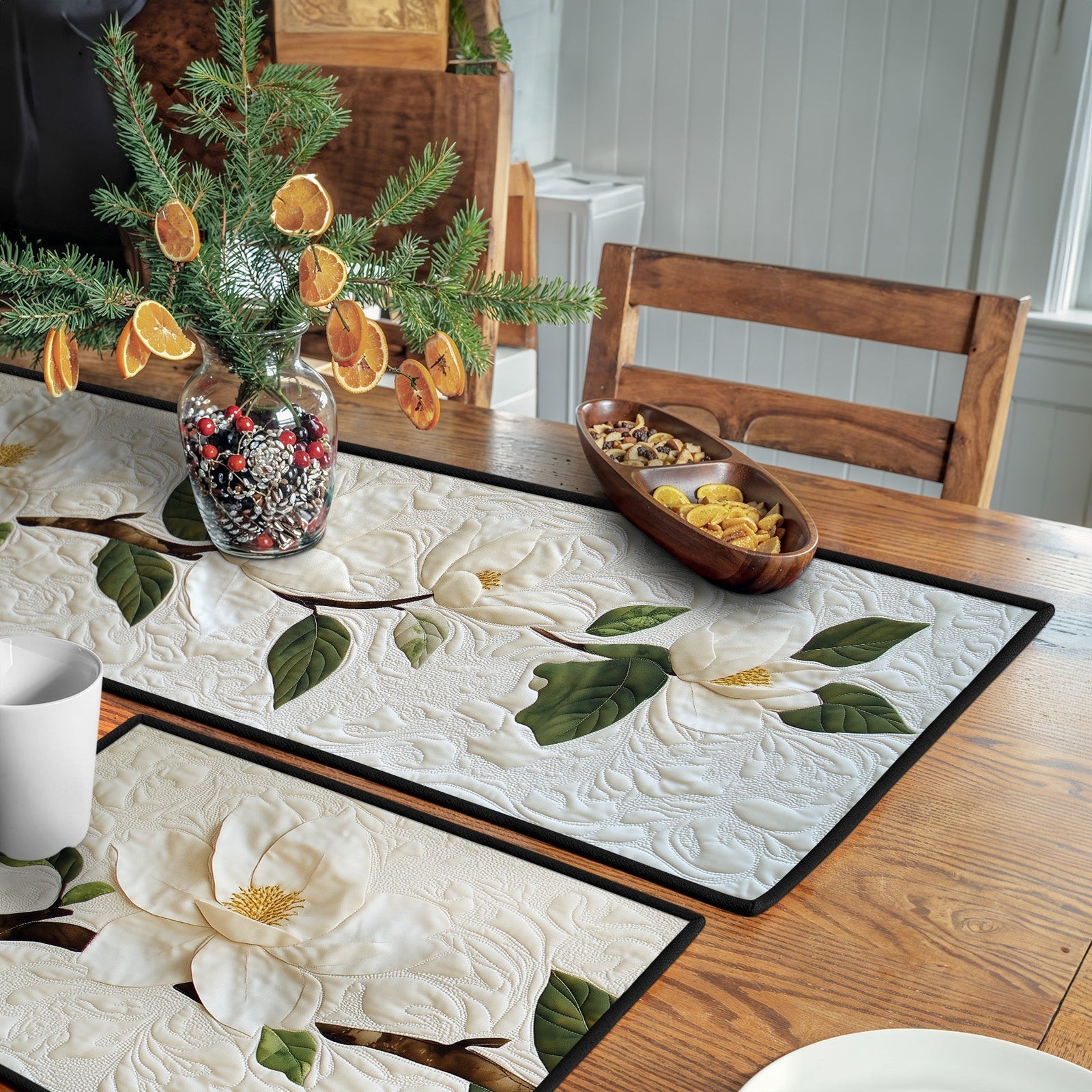 White Petal Serenity Quilted Table Runner and Quilted Place Mat Set NCU0PT4625
