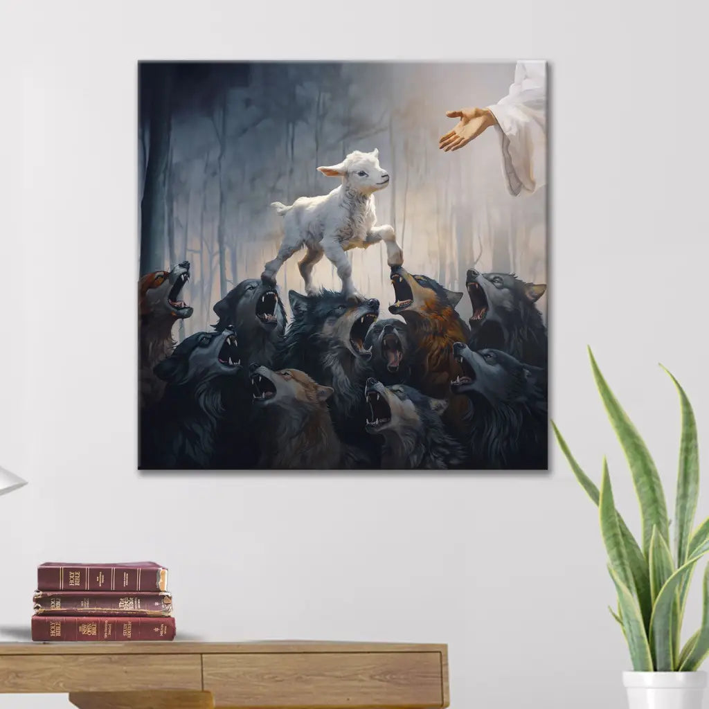 A Lost Lamb Walking Over Wolves To Get To Jesus Wall Art Canvas Print 05acxd260425