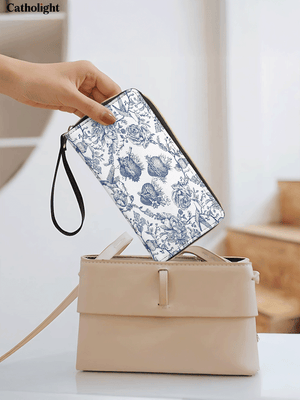 Catholight  Sacred Elegance: Blue and White Devotion - Leather Wallet Purse