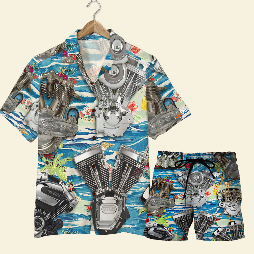 Biker Hawaiian Shirt and Men Beach Shorts, Seamless Motorcycle Engine Pattern - Hawaiian Shirts - GoDuckee
