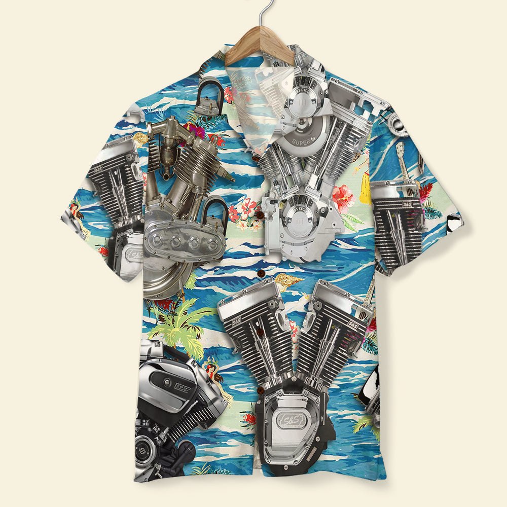 Biker Hawaiian Shirt and Men Beach Shorts, Seamless Motorcycle Engine Pattern - Hawaiian Shirts - GoDuckee