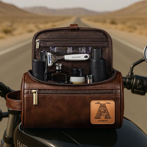Motorcycle Initial Letter Alphabet Men Leather Toiletry Bag, Personalized Gifts For Bikers 02qhti190825