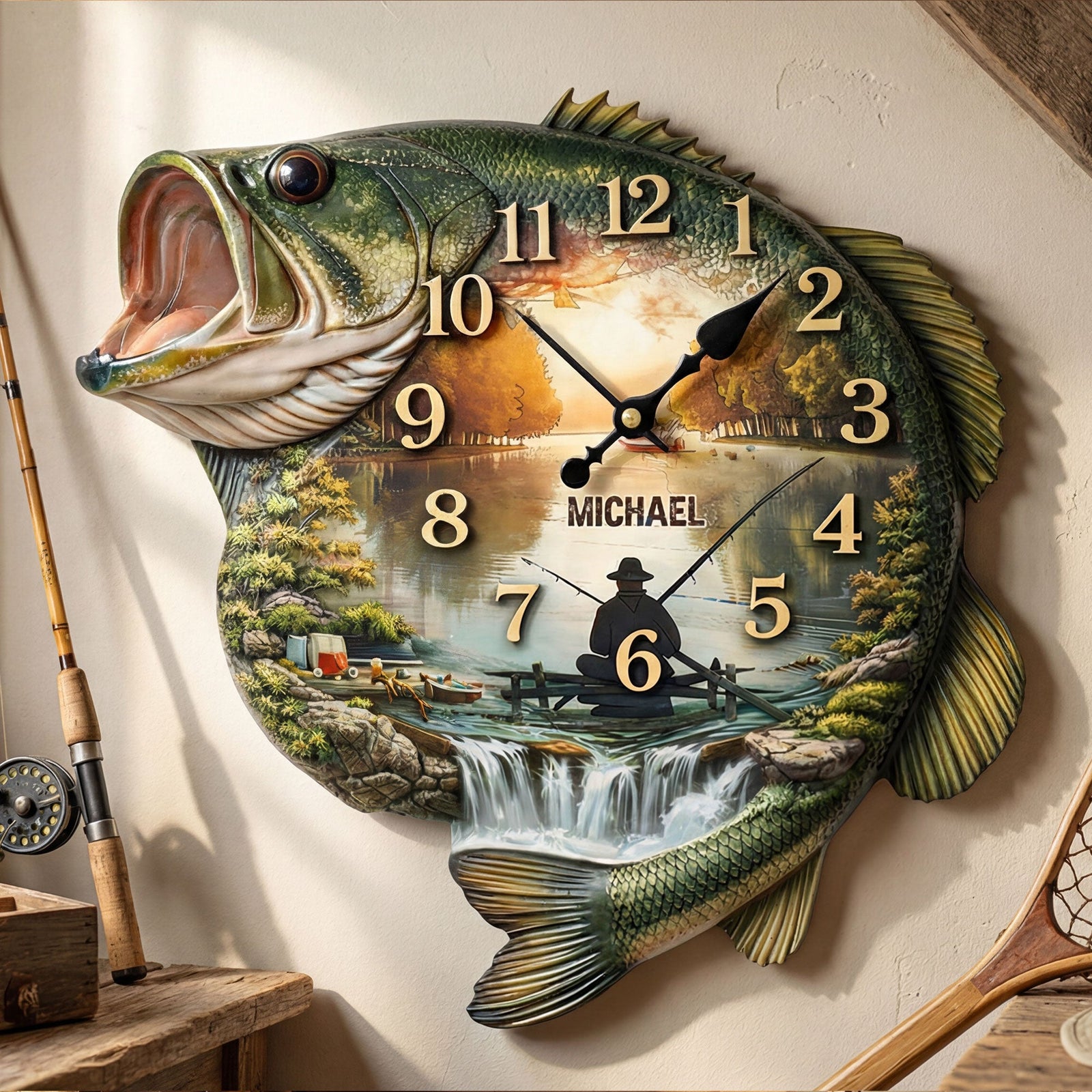 Fishing Lake Scene Acrylic Clock  – Personalized Gifts For Fishing Lovers 01huti240126