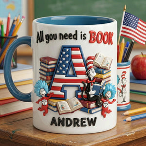 Bookworm Initial Letter Accent Mug - Personalized Gift For Book Lovers 05PATI070226