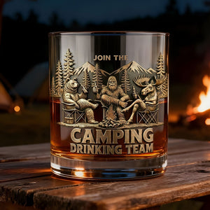 Fun Camping Drinking Team Round Glass, Personalized Gifts For Camping Lover & Bigfoot Seeker 03QHTI181225-Homacus